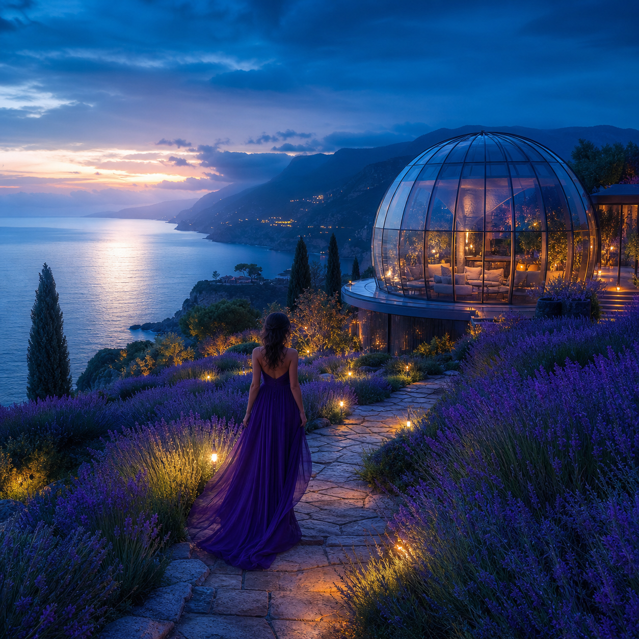Paysage côtier avec un champ de lavande et un observatoire de verre